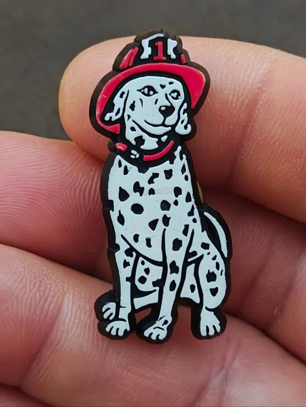 Cute Vintage 1990s Dalmatian Dog with Fireman Hat Plastic Pin.